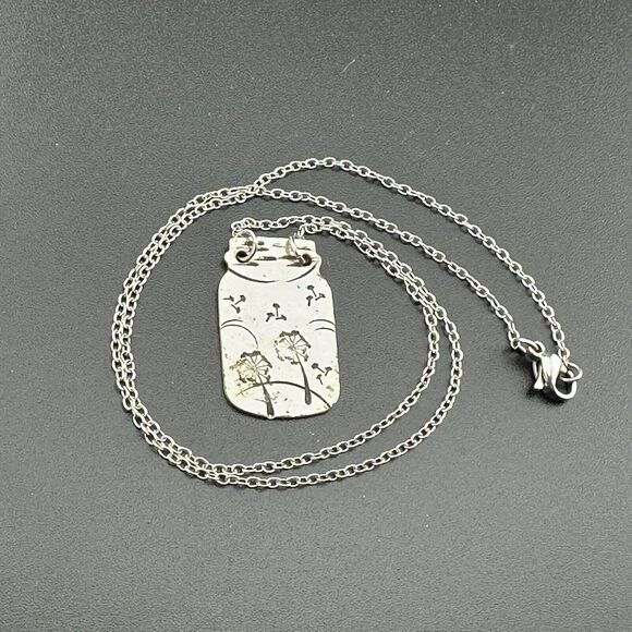Stamped Silver-tone Metal Mason Jar with Dandelions Pendant Chain Necklace 9" - Picture 2 of 9